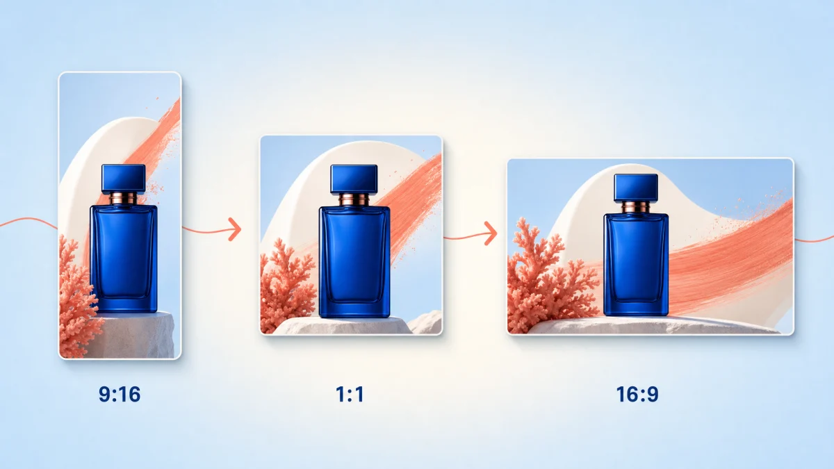One fragrance campaign adapted to 9:16, 1:1 and 16:9 formats